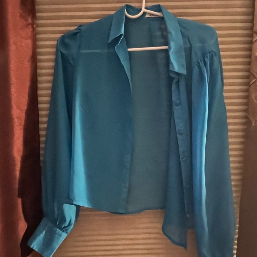 Blue Sheer Brand-New Blouse w/ Sleeves and button wrists.
